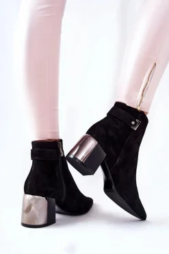 Sale Skórzane Botki Na Słupku Czarne 2354 Damskie Botki Na Słupku|Czarne Botki
