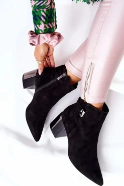 Sale Skórzane Botki Na Słupku Czarne 2354 Damskie Botki Na Słupku|Czarne Botki