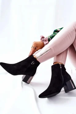 Sale Skórzane Botki Na Słupku Czarne 2354 Damskie Botki Na Słupku|Czarne Botki