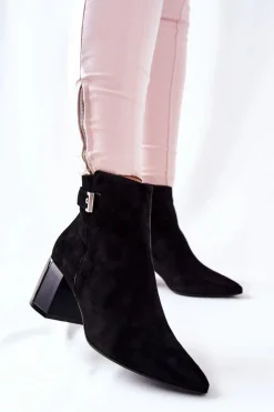 Sale Skórzane Botki Na Słupku Czarne 2354 Damskie Botki Na Słupku|Czarne Botki