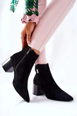 Sale Skórzane Botki Na Słupku Czarne 2354 Damskie Botki Na Słupku|Czarne Botki