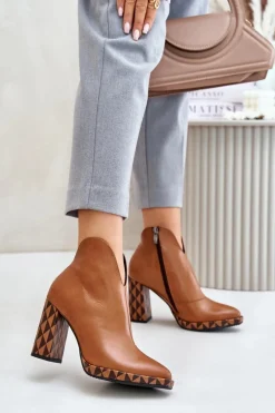 Best Laura Messi Skórzane Botki Na Słupku 2836 Brązowe