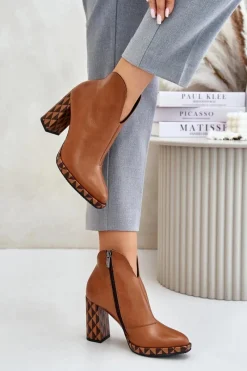 Best Laura Messi Skórzane Botki Na Słupku 2836 Brązowe