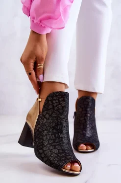 Clearance Skórzane Botki Na Słupku 05507-01 Czarno-Złote Damskie Botki Wiosenne|Botki Maciejka