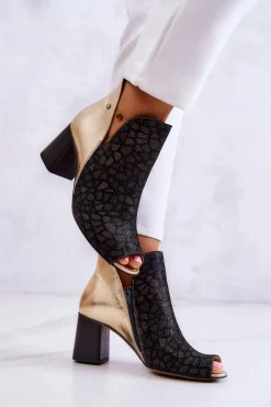 Clearance Skórzane Botki Na Słupku 05507-01 Czarno-Złote Damskie Botki Wiosenne|Botki Maciejka