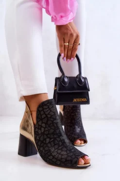 Clearance Skórzane Botki Na Słupku 05507-01 Czarno-Złote Damskie Botki Wiosenne|Botki Maciejka