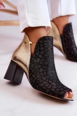 Clearance Skórzane Botki Na Słupku 05507-01 Czarno-Złote Damskie Botki Wiosenne|Botki Maciejka