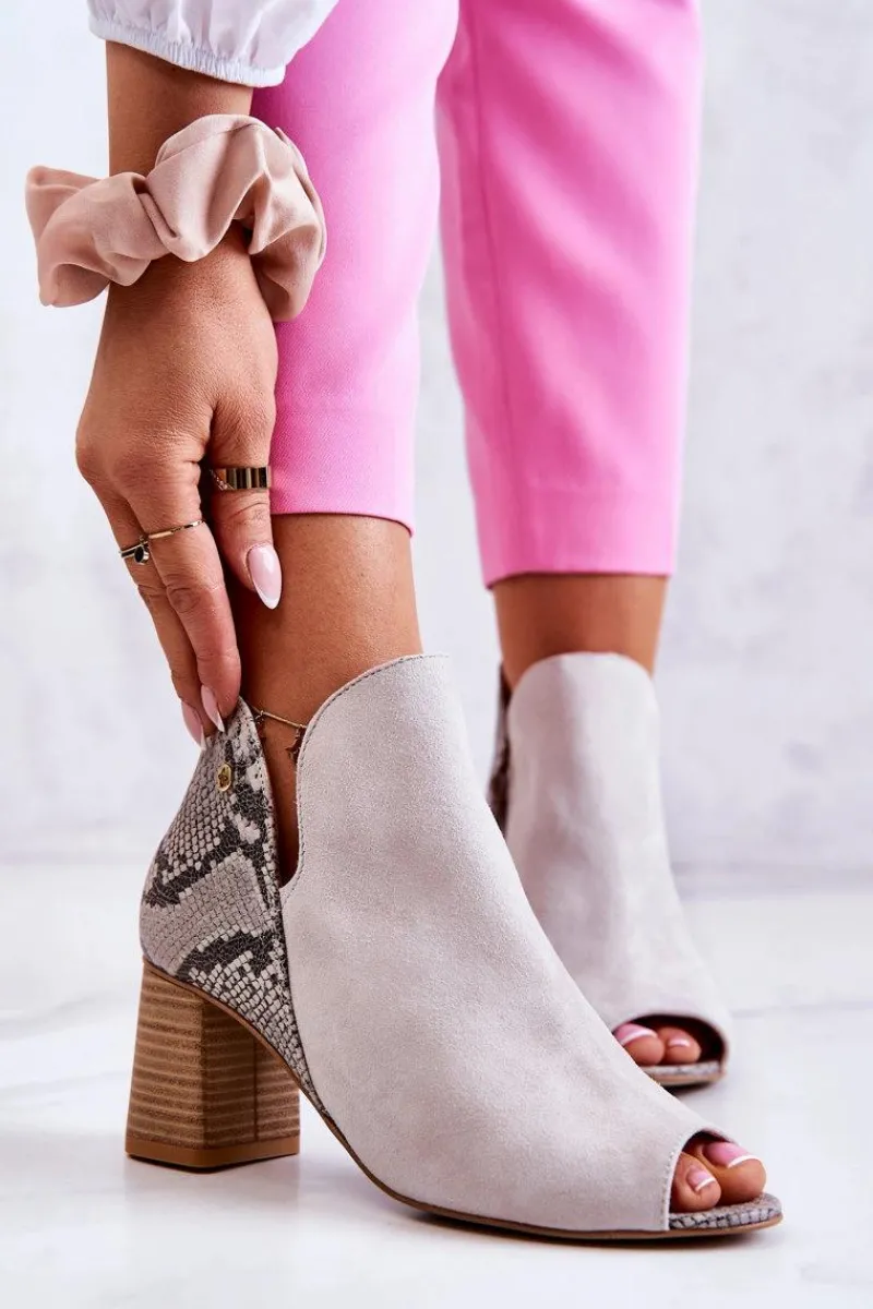 Hot Skórzane Botki Na Słupku 05507-37 Jasnobeżowe Damskie Botki Wiosenne|Botki Maciejka