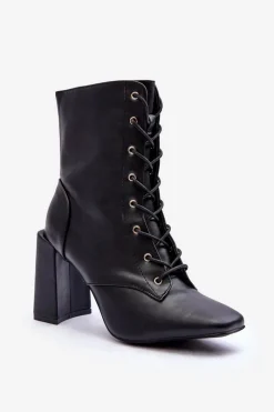 Sale Boto Skórzane Botki Na Słupku Sznurowane Czarne Divani