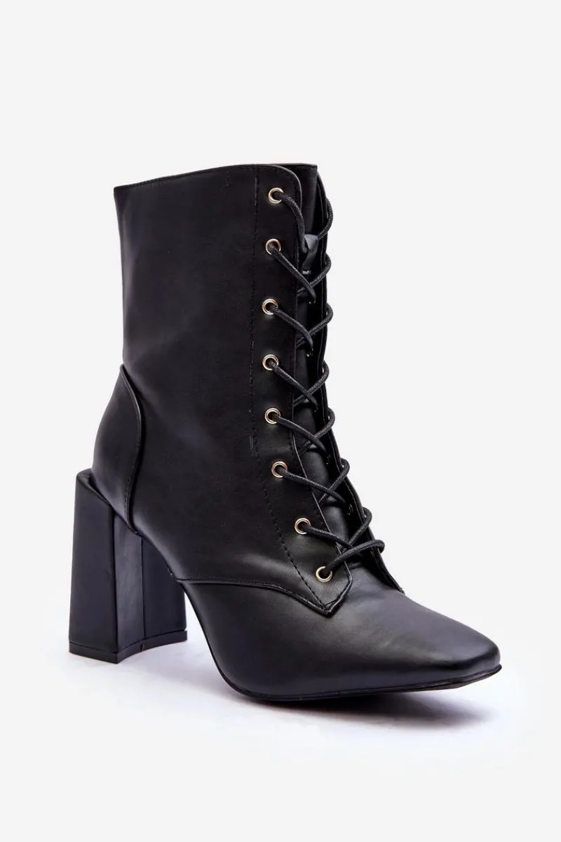 Sale Boto Skórzane Botki Na Słupku Sznurowane Czarne Divani