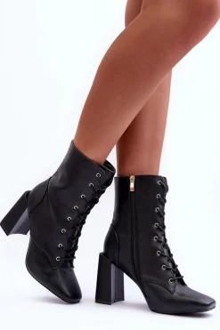 Sale Boto Skórzane Botki Na Słupku Sznurowane Czarne Divani