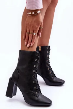 Sale Boto Skórzane Botki Na Słupku Sznurowane Czarne Divani