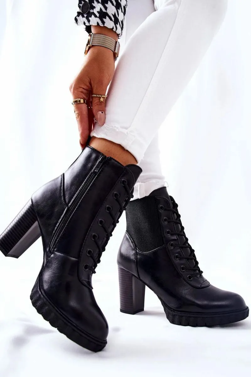 Botki Sznurowane|Botki Na Słupku>Boto Skórzane Botki Na Słupku Wysokie Czarne Joyte