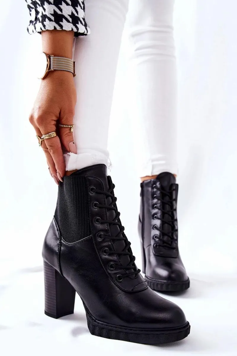 Botki Sznurowane|Botki Na Słupku>Boto Skórzane Botki Na Słupku Wysokie Czarne Joyte