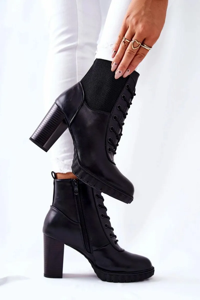 Botki Sznurowane|Botki Na Słupku>Boto Skórzane Botki Na Słupku Wysokie Czarne Joyte