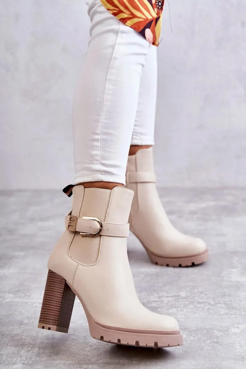 Botki Na Słupku|Botki Zimowe Damskie>Boto Skórzane Botki Na Słupku Z Ozdobnym Paskiem Beżowe Maresol