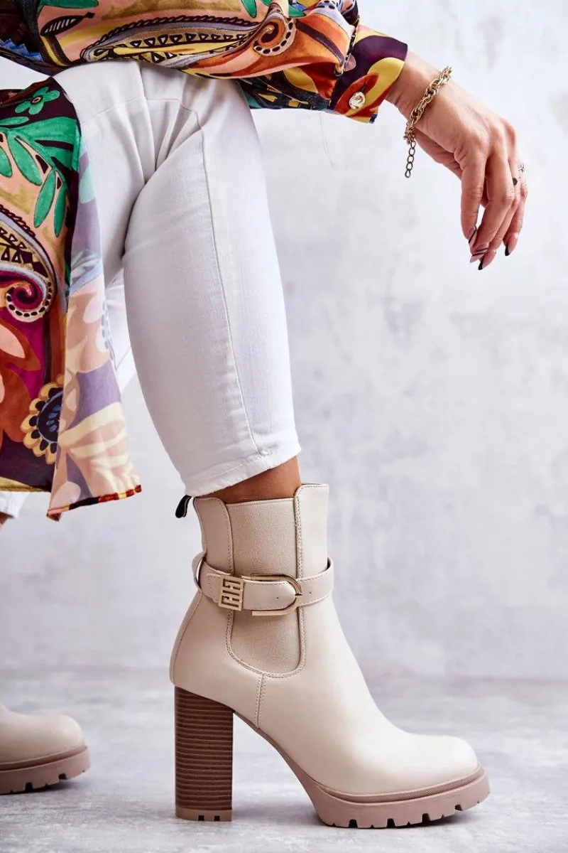 Botki Na Słupku|Botki Zimowe Damskie>Boto Skórzane Botki Na Słupku Z Ozdobnym Paskiem Beżowe Maresol