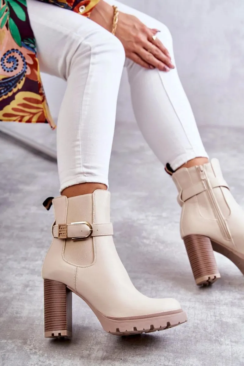 Botki Na Słupku|Botki Zimowe Damskie>Boto Skórzane Botki Na Słupku Z Ozdobnym Paskiem Beżowe Maresol