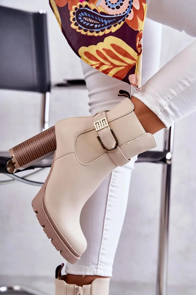 Botki Na Słupku|Botki Zimowe Damskie>Boto Skórzane Botki Na Słupku Z Ozdobnym Paskiem Beżowe Maresol