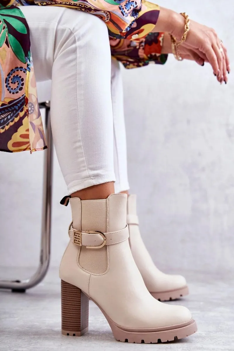 Botki Na Słupku|Botki Zimowe Damskie>Boto Skórzane Botki Na Słupku Z Ozdobnym Paskiem Beżowe Maresol