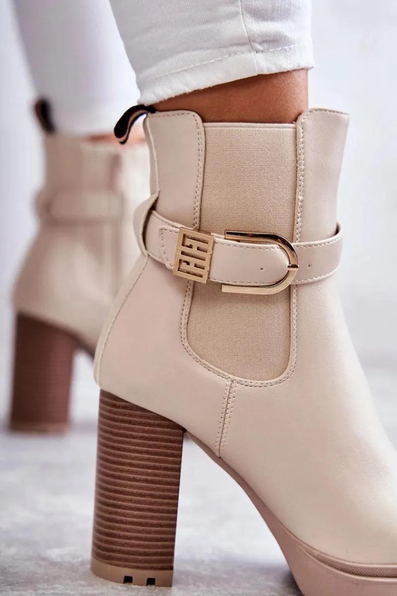 Botki Na Słupku|Botki Zimowe Damskie>Boto Skórzane Botki Na Słupku Z Ozdobnym Paskiem Beżowe Maresol