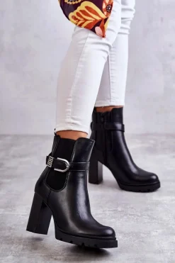 Botki Na Słupku|Czarne Botki>Boto Skórzane Botki Na Słupku Z Ozdobnym Paskiem Czarne Maresol