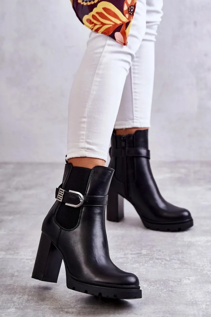 Botki Na Słupku|Czarne Botki>Boto Skórzane Botki Na Słupku Z Ozdobnym Paskiem Czarne Maresol