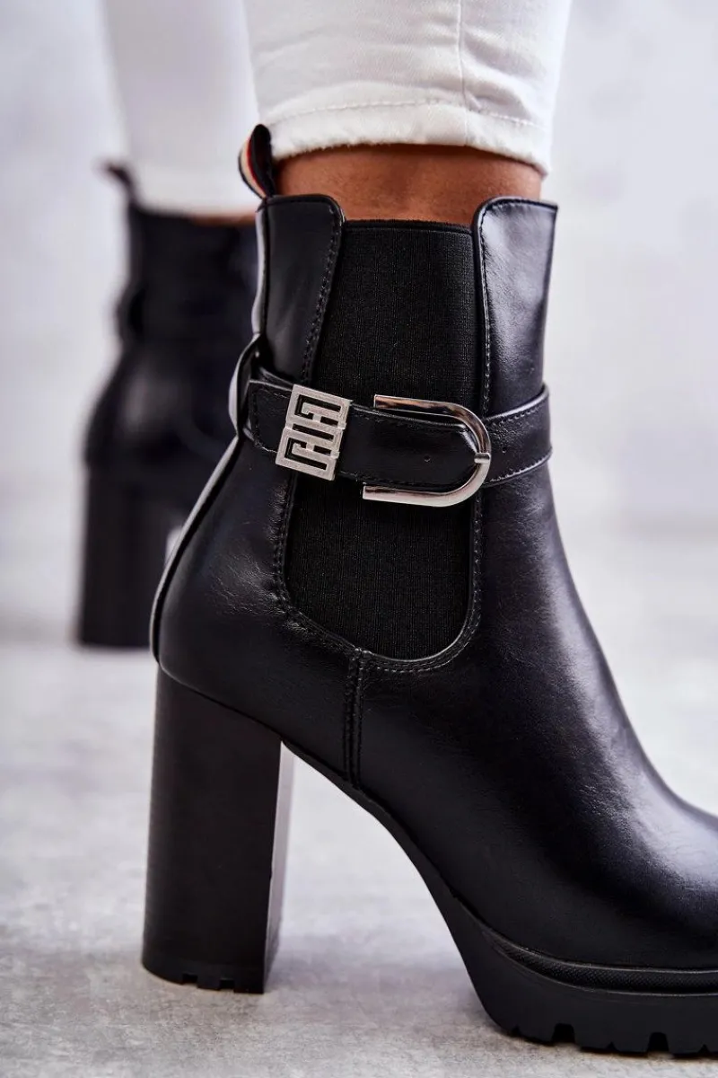 Botki Na Słupku|Czarne Botki>Boto Skórzane Botki Na Słupku Z Ozdobnym Paskiem Czarne Maresol