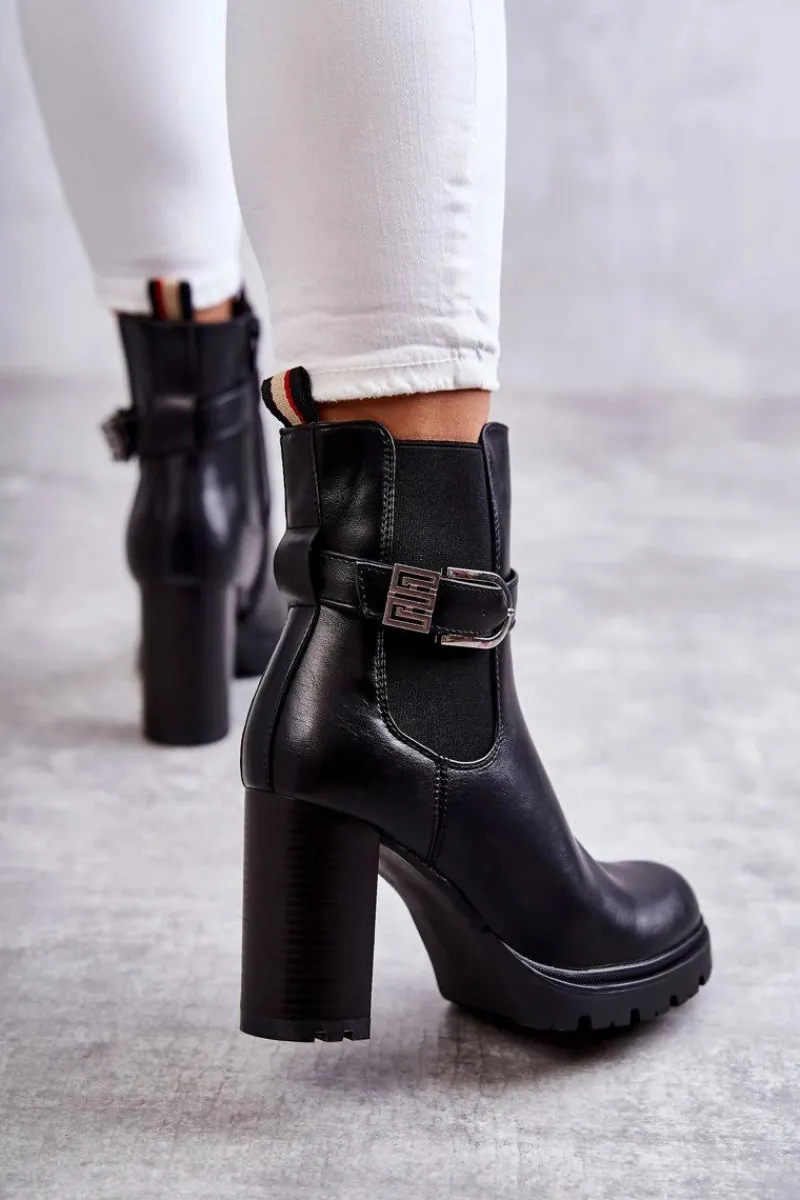 Botki Na Słupku|Czarne Botki>Boto Skórzane Botki Na Słupku Z Ozdobnym Paskiem Czarne Maresol