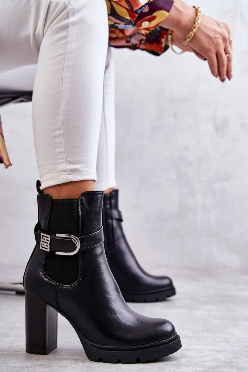 Botki Na Słupku|Czarne Botki>Boto Skórzane Botki Na Słupku Z Ozdobnym Paskiem Czarne Maresol