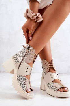 Hot Maciejka Skórzane Botki Na Suwak 05321-04 Beżowe Beżowy