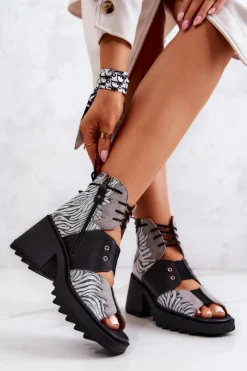 Sale Maciejka Skórzane Botki Na Suwak 05321-03 Szaro-Czarne