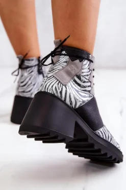 Sale Maciejka Skórzane Botki Na Suwak 05321-03 Szaro-Czarne