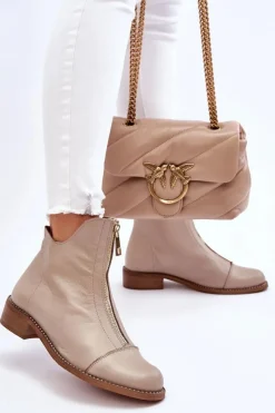 Zazoo Skórzane Botki Na Suwak Nicole 2785/008 Beżowe