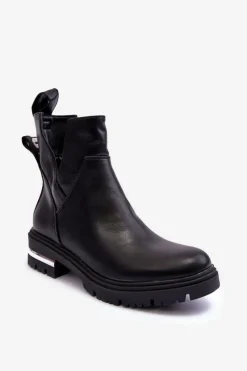 Hot Skórzane Botki Na Suwak Z Wycięciami Czarne Flicha Damskie Czarne Botki|Botki Płaskie