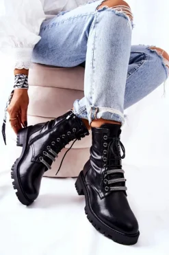 Best Evento Skórzane Botki Ocieplane Czarne Lilinth