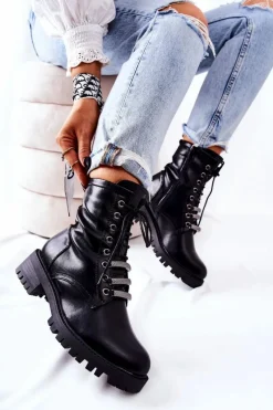 Best Evento Skórzane Botki Ocieplane Czarne Lilinth