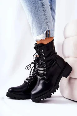 Best Evento Skórzane Botki Ocieplane Czarne Lilinth