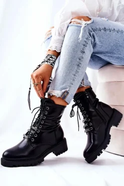 Best Evento Skórzane Botki Ocieplane Czarne Lilinth