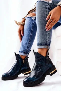 Outlet Boto Skórzane Botki Ocieplane Krokodyl Zielone Tanya