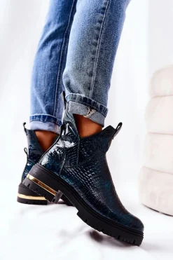 Outlet Boto Skórzane Botki Ocieplane Krokodyl Zielone Tanya