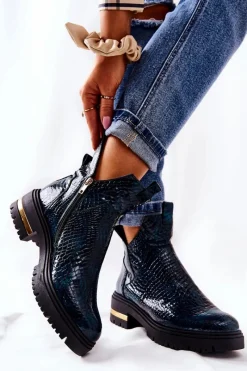 Outlet Boto Skórzane Botki Ocieplane Krokodyl Zielone Tanya