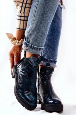 Outlet Boto Skórzane Botki Ocieplane Krokodyl Zielone Tanya