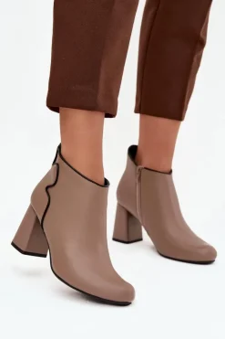 Outlet Skórzane Botki Ocieplane Na Słupku Beżowe Ivessara Damskie Botki Ocieplane|Botki Na Obcasie