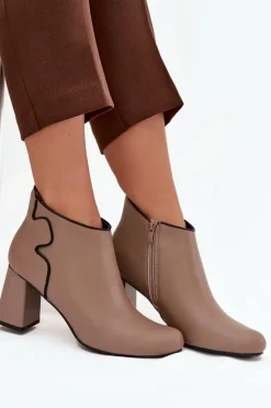 Outlet Skórzane Botki Ocieplane Na Słupku Beżowe Ivessara Damskie Botki Ocieplane|Botki Na Obcasie