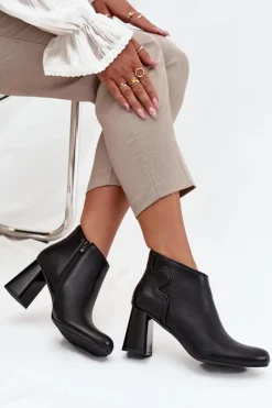 Botki Ocieplane|Botki Na Obcasie>Boto Skórzane Botki Ocieplane Na Słupku Czarne Ivessara Czarny