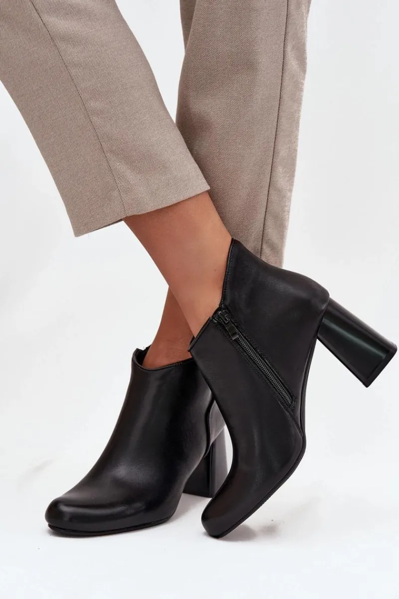 Botki Ocieplane|Botki Na Obcasie>Boto Skórzane Botki Ocieplane Na Słupku Czarne Ivessara Czarny