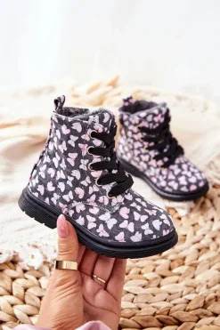 Dziewczęce>Evento Skórzane Botki Ocieplane Wełną Szare W Motyle Amy