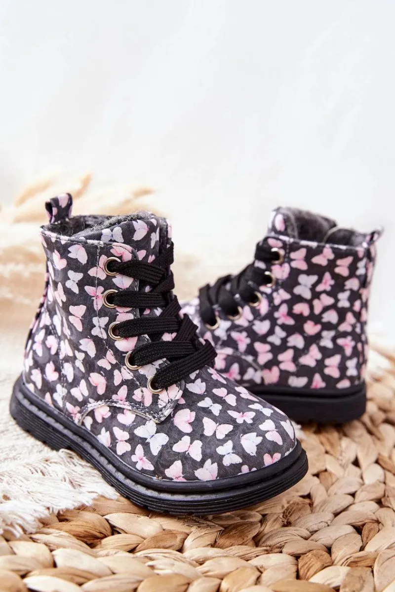 Dziewczęce>Evento Skórzane Botki Ocieplane Wełną Szare W Motyle Amy