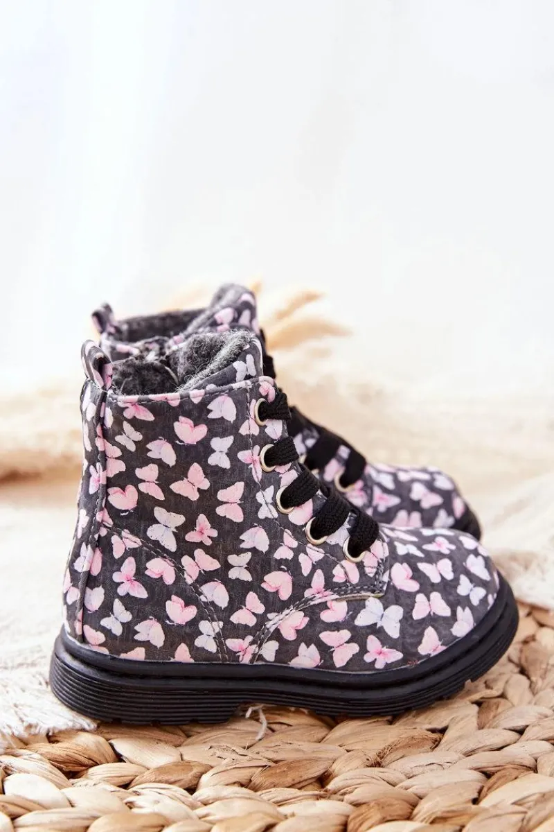 Dziewczęce>Evento Skórzane Botki Ocieplane Wełną Szare W Motyle Amy